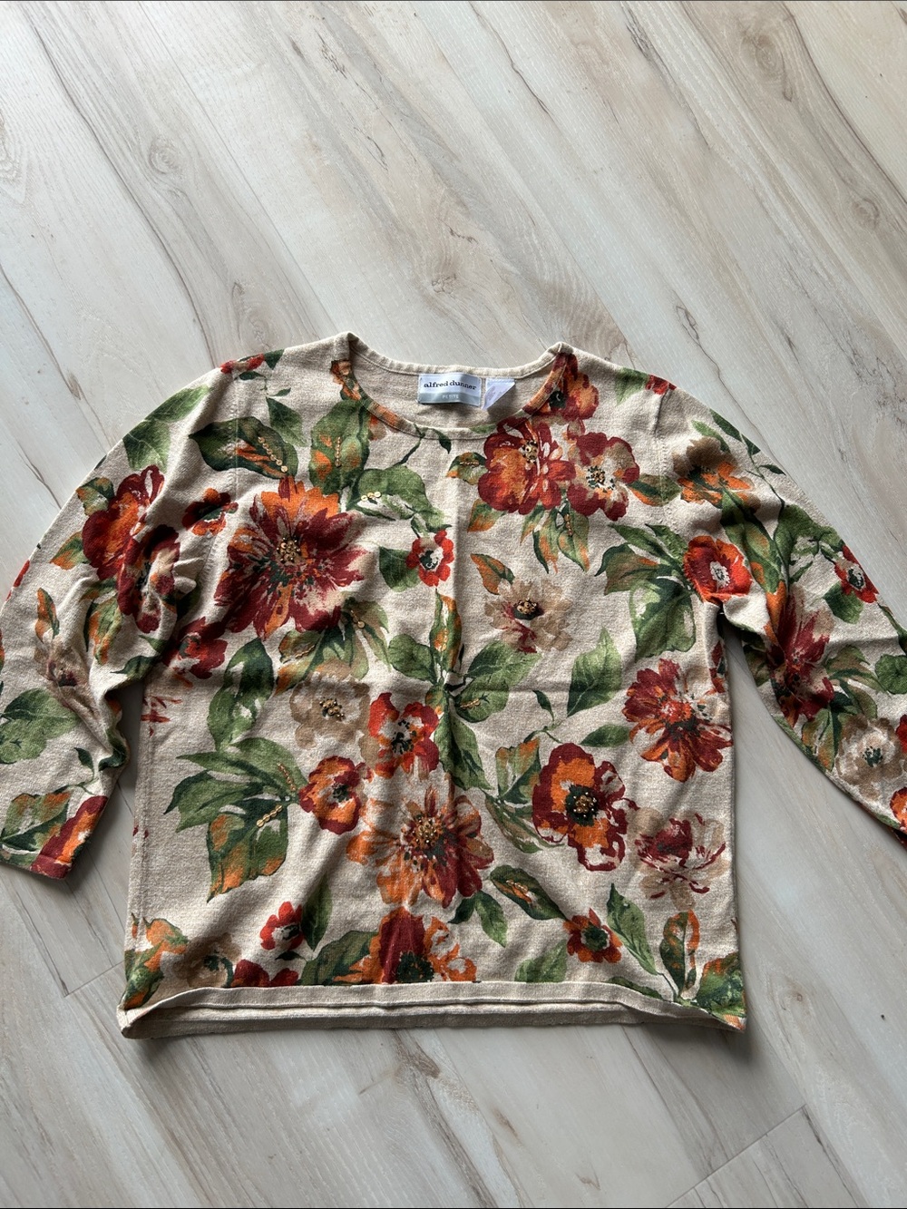 Alfred Dunner Beige Crewneck Sweater with Orange & Green Floral Print